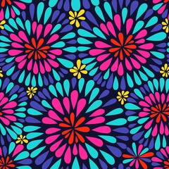 Fototapeta na wymiar Vector Abstract Seamless Pattern with Colorful Floral Fireworks. Awesome GraphicFestive Background. 