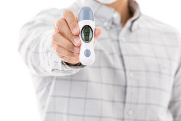 Man show  result of thermometer.