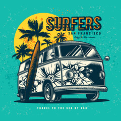 Original vector illustration in vintage style. An old tourist van painted with flowers on a background of palm trees and a retro sunset. - obrazy, fototapety, plakaty