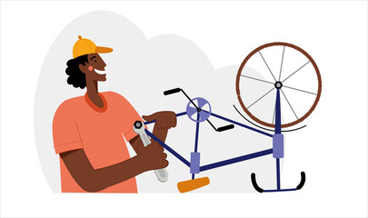 Fototapeta na wymiar Bicycle repair. A black man repairs a bicycle. The mechanic repairs the bicycle, the mechanic inflates the wheels. Web graphics, banners, advertisements, business templates. 