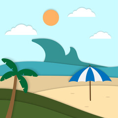 Fototapeta na wymiar Hello Summer Beach paper cut background vector,ocean view umbrella paper art style for template
