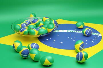 3d illustration of balls with the image of the national flag of the Brazil.  on an isolated background. State symbol and patriotic