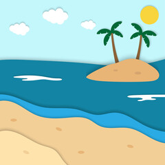 Fototapeta na wymiar Hello Summer Beach paper cut background vector,Island view with coconut tree paper art illustration