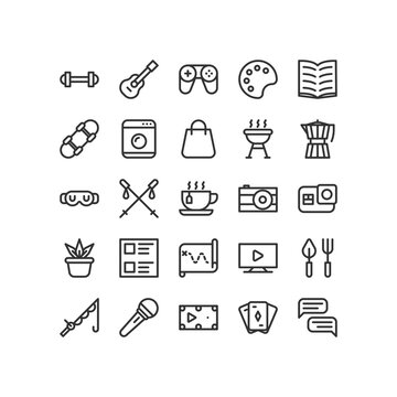 Free Time Outline Icon Pack Set, Shopping, Barbeque, Sleeping, Hiking, Tea, Photography, Gardening, Treasure Hunting, Eating, Fishing, Isolated Vector Icon