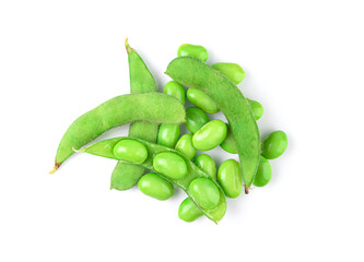 Green soy bean isolated on white background. top view