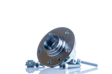 Vehicle parts. Auto motor mechanic spare or automotive piece on white background. Set of new metal car part. Technology of mechanical gear.