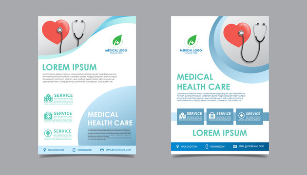 Medical health care flyer brochure template design, flyer template of medical care with white background for text, space for picture and blue wavy lines decoration. vector illustration 