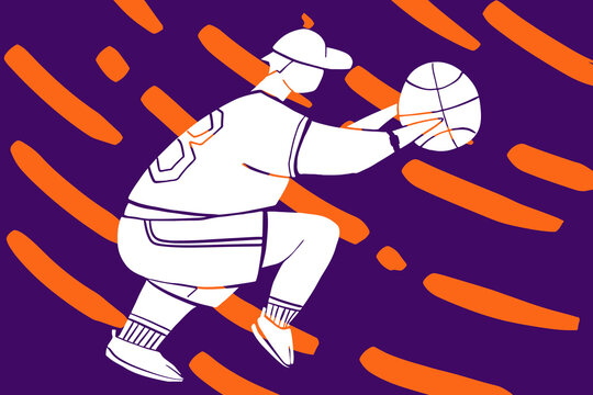Basketball player in modern style on purple background. Modern vector illustration. Sport basketball poster. Vector drawing. Sport activity lifestyle concept.