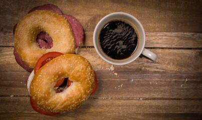 Coffee and bagels for breakfast - top down view - food photography