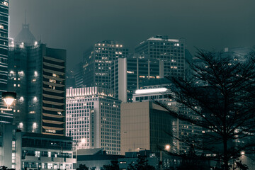Naklejka premium Modern office buildings in Hong Kong at night time