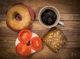 Coffee and bagels for breakfast - top down view - food photography
