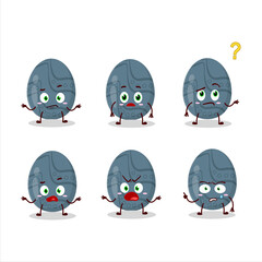 Cartoon character of blue grey easter egg with what expression