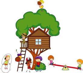 Tree house with many kids doing different activities