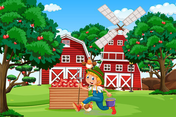 Naklejka premium Farm scene with red barn and windmill