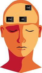 Human head with Control-Alt-Delete command as a metaphor for rebooting brain, EPS 8 vector illustration