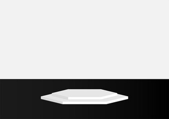 White hexagon podium stand isolated on white and black background. Stage empty for decor product, advertising, sale, show, contest, award, winner. Platform studio. Minimal style. Vector illustration.
