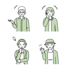 年配の女性　シニア　高齢者　人々　笑顔　元気　ポーズ　仕草　セット　イラスト素材