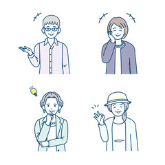 年配の女性　シニア　高齢者　人々　笑顔　元気　ポーズ　仕草　セット　イラスト素材