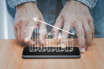 Business finance technology and investment concept with 3D graph pop up on smart phone. Stock Market, Investments, GrowthFunds analyst. Business finance and growth background.