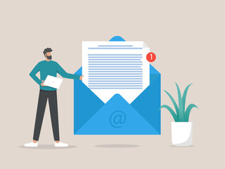 Man holding huge envelope with letter, new email message, Business and communication concept