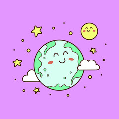 Cute Earth and Moon for postcards, banners, t-shirts. Vector illustration EPS 10.