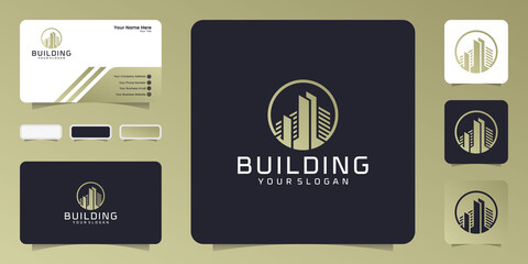 Modern building logo with circle and gold color design template and business card