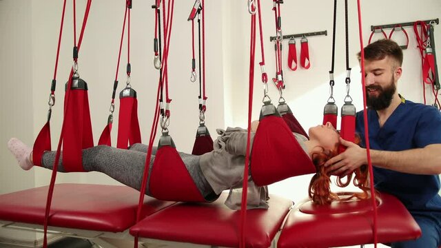Physiotherapist does session man. Manual massage therapy. Chiropractic