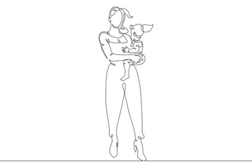 Mother with her daughter for a walk. Family shopping trip. Motherhood. One continuous drawing line  logo single hand drawn art doodle isolated minimal illustration.