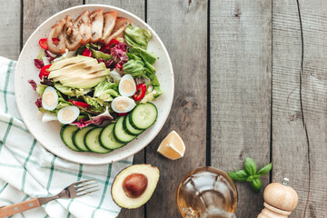 Healthy eating concept flat lay. Mediterranean diet, food on wooden background