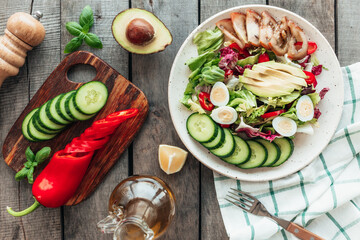 Healthy eating concept flat lay. Mediterranean diet, food on wooden background