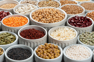 Several full grain containers. Selective focus.