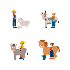 Set of farm animals breeding by humans. Stock with a farmer, a working man who raises cattle. Colorful cartoon collection of vector illustrations. Vector illustration