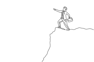 Single one line drawing young smart business man standing at cliff edge pointing finger to the sky. Business metaphor concept. Modern continuous line draw. Minimal design graphic vector illustration