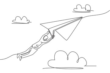 Continuous one line drawing young male worker hold and hang tight on flying paper airplane. Business challenge metaphor. Minimalist concept. Trendy single line draw design vector graphic illustration