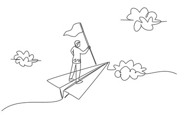 Continuous one line drawing young male leader holding flag while flying with paper aircraft . Success business manager metaphor. Minimalist concept. Single line draw design vector graphic illustration