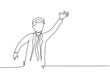 Single one line drawing of young smart business man give hello greeting to his business partner. Business teamwork concept. Modern continuous line draw. Minimal design graphic vector illustration © Simple Line
