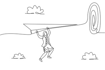Single one line drawing young businesswoman hanging on paper plane to hit business goal target on dartboard. Metaphor minimal concept. Modern continuous line draw design graphic vector illustration