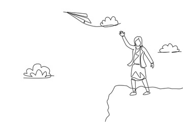 Single continuous line drawing of young business woman fly paper plane up to the sky. Professional entrepreneur. Minimalism metaphor concept. Dynamic one line draw graphic design vector illustration