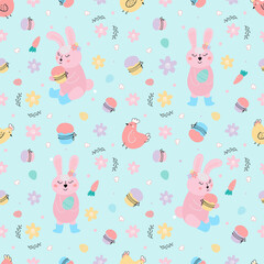 Easter seamless pattern with bunny, cakes, eggs, willow. Cute Easter bunnies pattern. Hand-drawn flat vector illustration.