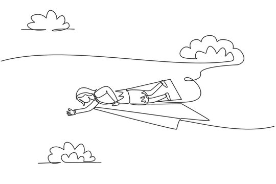 Single continuous line drawing young professional business woman lay down on flying paper plane to reach business target. Minimalism metaphor concept. One line draw graphic design vector illustration
