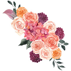 Watercolor bouquet with pretty flowers and leaves, isolated on white background, for wedding invitations, birthday and more 