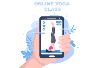 Online Lessons, Yoga and Meditation Classes By Watching Videos, Live Streaming, Internet Education On Your Laptop Or Phone At Home. Vector Illustration