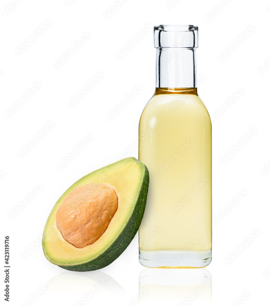 Wall mural Avocado oil with avocado half sliced isolated on white background. - Wall murals