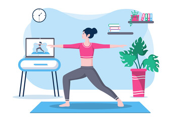 Online Lessons, Yoga and Meditation Classes By Watching Videos, Live Streaming, Internet Education On Your Laptop Or Phone At Home. Vector Illustration