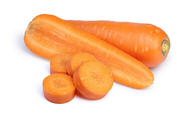 Fresh carrot and cut in half long slice isolated on whith background.