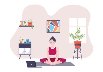 Online Lessons, Yoga and Meditation Classes By Watching Videos, Live Streaming, Internet Education On Your Laptop Or Phone At Home. Vector Illustration