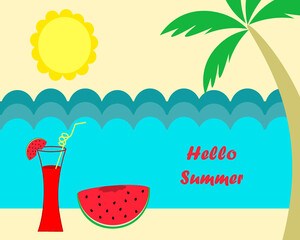 Greeting card with summer landscape of palm trees, watermelon and beach cocktail.