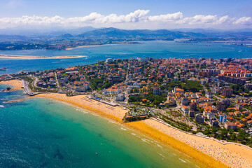 Picturesque aerial view of Santander coastal area and sand beach on summer day, Spain