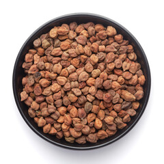 macro Close-up of Organic chana or chickpea (Cicer arietinum) or whole white Bengal gram dal on a ceramic black bowl. Top view 