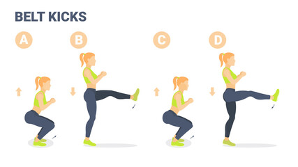 Fototapeta premium Belt Kicks Female Home Workout Exercise Guidance. Girl Doing Squats and Kicks Switching Legs Routine